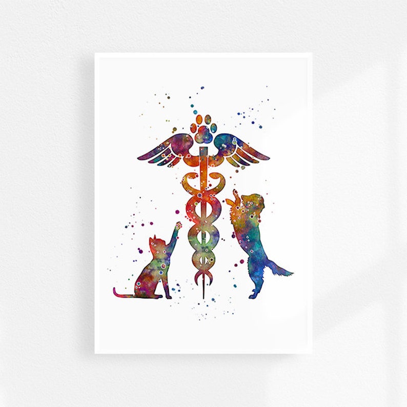 May include: A watercolor painting of a veterinary symbol with a cat and dog on either side. The symbol is a caduceus with wings and a snake wrapped around it. The cat and dog are both looking up at the symbol. The painting is done in a rainbow of colors.