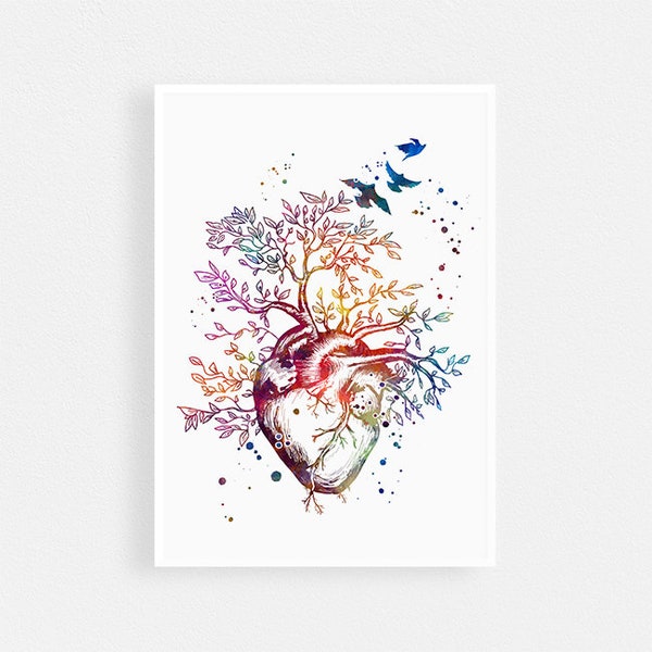 Cardiology Art, Heart Tree Watercolor Print, Heart transplant anniversary gift