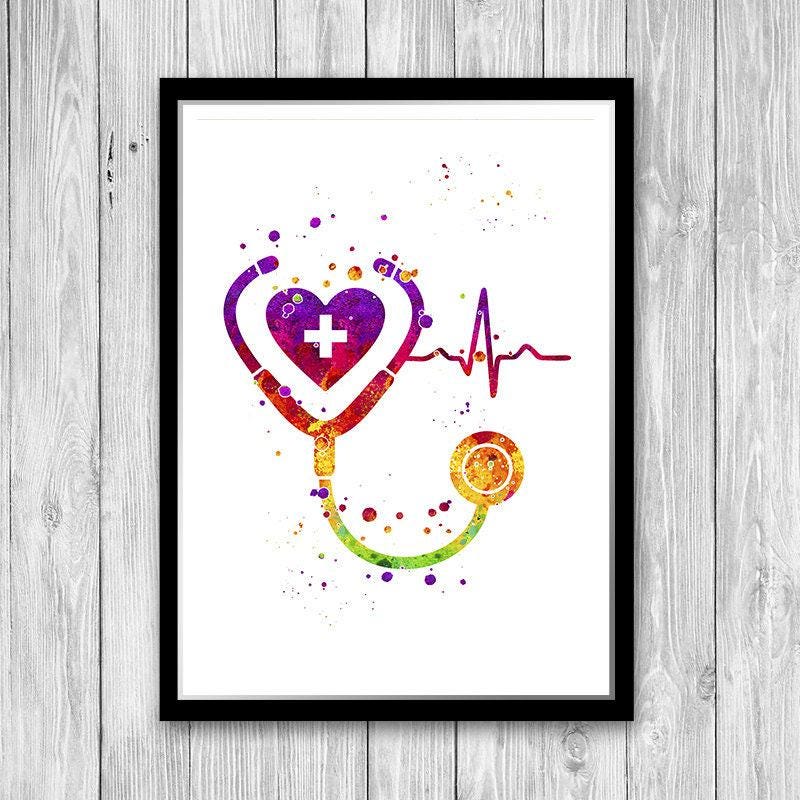 Health Science Decor School Nurse Office Decor, Multicolored Watercolor Stethoscope Print ...