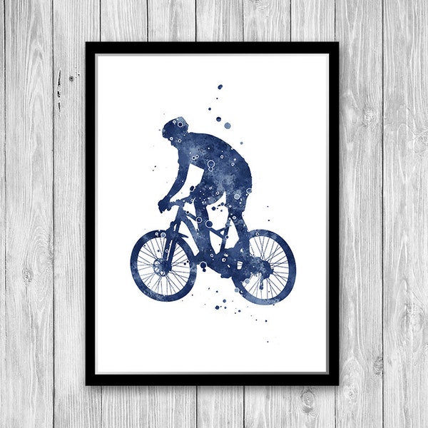 Mountain Biking Art Blue Watercolor Print Boys Room Wall Decor Gift for Biker