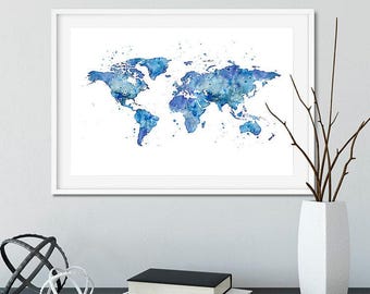 World Map Print, Blue Watercolor Artwork Home Office or School Classroom Decor, Geography Teacher Appreciation Present, Kids Room Interior