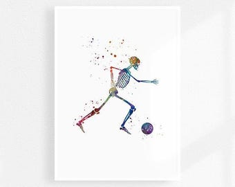 Skeleton soccer player watercolor print, Physical therapist gift, Sports medicine art