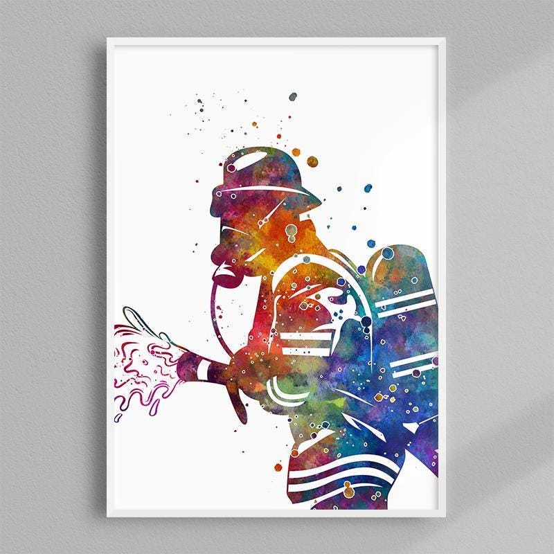 Firefighter Poster, Fireman Colorful Watercolor Artwork, Fire Soldier ...