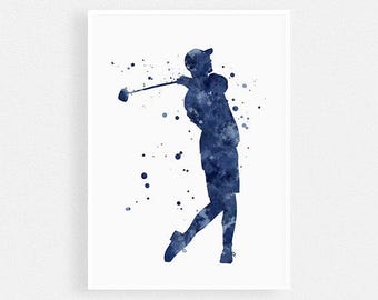 Golf player watercolor print | Golf club wall decor | Gift for men | Sports art | navy blue home decor