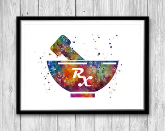 Pharmacist Gift Pestle and Mortar Watercolor Print Wall Decor Pharmacy Technician Gifts