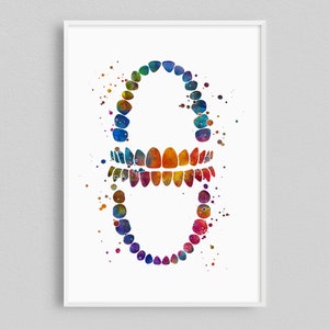Tandgrafiek tandartspraktijk kunst aan de muur | Veelkleurige aquarelkunstwerk | Pediatrische tandarts kantoorinrichting | Tandheelkundige kliniekdecoratie | Niet ingelijst