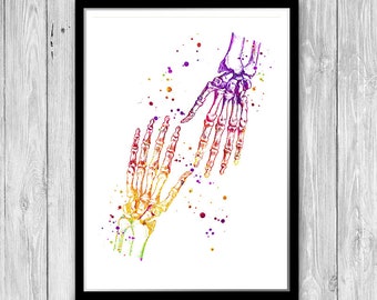 Medical Poster Human Hands Skeleton Watercolor Print Medical Help Center Wall Art Decor Health Care Center Fingers Bones Anatomy Art Decor