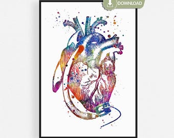 May include: A digital download print of a human heart illustration. The watercolor art features a colorful heart with headphones, in shades of blue, red, orange, and purple. The print is framed in black and has a white background.