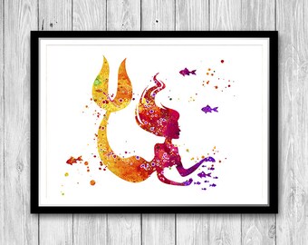 Watercolor Mermaid Print Colorful Nursery Wall Art Decor Kids Room Birthday Gift for Daughter Mermaid and Fish Gift for Little Sister