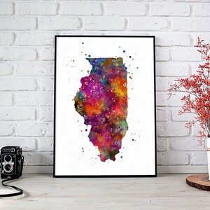 Stampa ad acquerello dell'Illinois, opera d'arte multicolore dello stato dell'Illinois per la camera dei bambini, l'asilo nido, la decorazione artistica da parete dell'ufficio scolastico, il poster artistico della mappa dell'Illinois