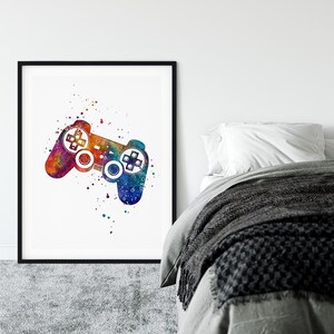 Póster de controlador de videojuegos, decoración de habitación de jugador, impresión de acuarela de joystick, obra de arte colorida para dormitorio de adolescentes y niños, arte de pared, decoración moderna