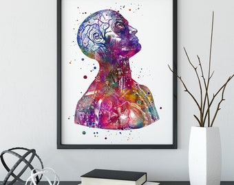 Impression d'art tête et cou anatomie humaine, affiche anatomique aquarelle multicolore, art mural médical vibrant pour décoration de bureau de médecin, sans cadre