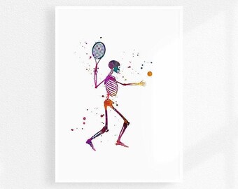 Sports medicine art, Skeleton tennis player watercolor print, Physical therapist gift