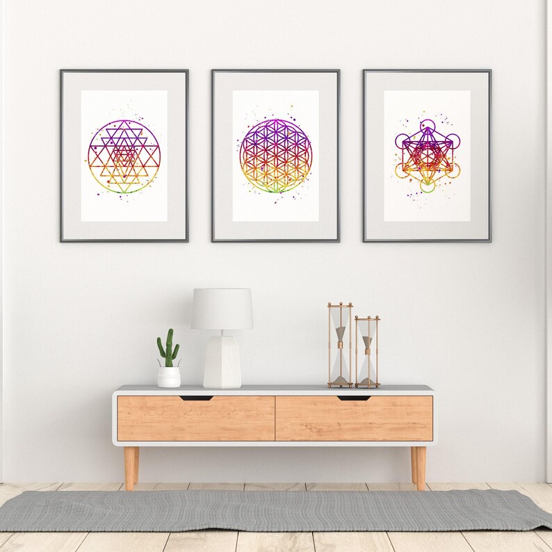 Sacred Geometry Wall Art Set | Sri Yantra, Flower of Life & Metatron's ...