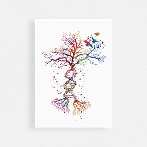 Science génétique Art ADN Arbre de vie Aquarelle Impression Génétique Professeur décoration de bureau, Cadeau de remise des diplômes en génétique