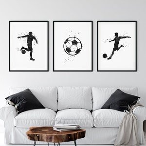 Fußball Drucke, 3er Set schwarz und weiß Aquarell Drucke, Fußball Dekor für Jungenzimmer