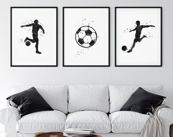 Soccer prints, set of 3 black and white watercolor prints, soccer decor for boys room