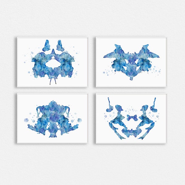 Set of 4 rorschach art prints, Psychiatrist office decor, Blue wall decor, Psychology graduation gift