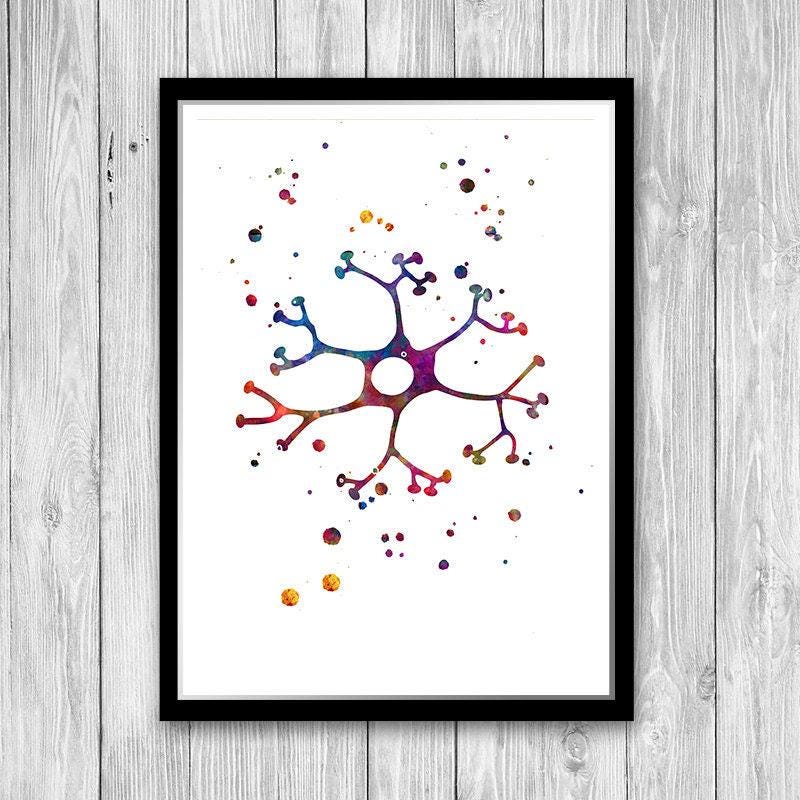 Neur Mural Neuron Art Print, Interneuron Colorful Watercolor Artwork, Neuroscience ...