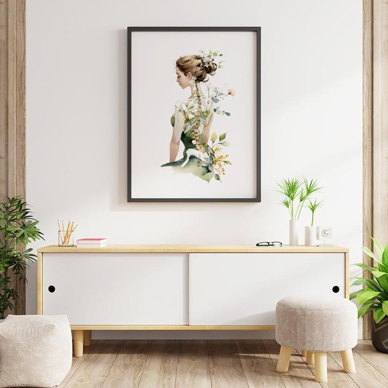Therapist gift botanical spine watercolor wall art for massage studio