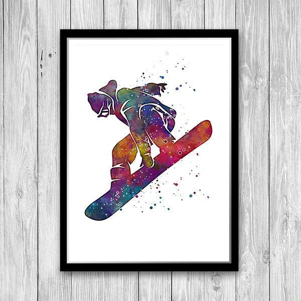 Stampa artistica da parete con snowboard, acquerello, decorazione per la cameretta dei ragazzi, regalo per ragazzi adolescenti, poster di sport estremi, regalo di Natale per snowboarder
