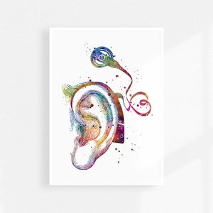 Cochlear implant poster, watercolor art print, Hearing loss treatment, Speech therapy, audiology art