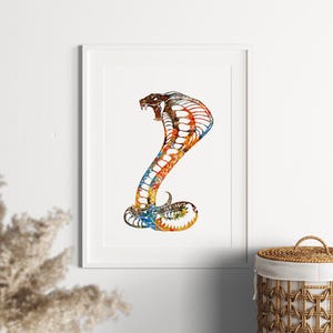 King Cobra Print, Colorful Watercolor Snake Painting, Herpetology Fun Wall Art, Reptile Poster, Home Room Decoration