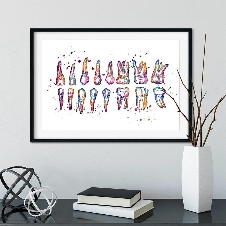 Watercolor tooth art for dental school decor and study room wall