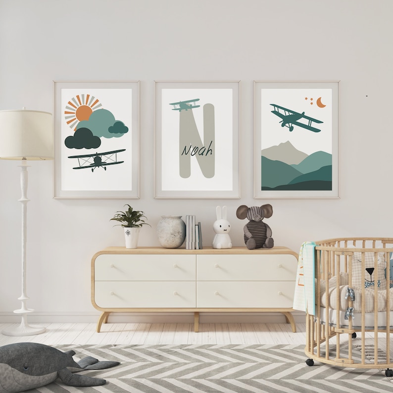 Airplane Nursery Wall Decor | Personalized Name Set of 3 Prints ...
