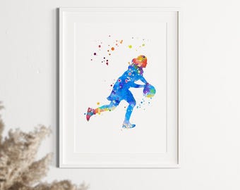 Girl Basketball Print, Vibrant Watercolor Artwork for Girls Room Wall Art Decor, Female Player Silhouette, Inspirational Sports Poster