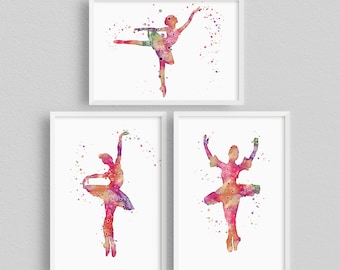 Ballerina Nursery Decor | Ballet Watercolor Artwork | Set of 3 vibrant prints | Girl dancing ballet wall art for kids room | ballet dancer