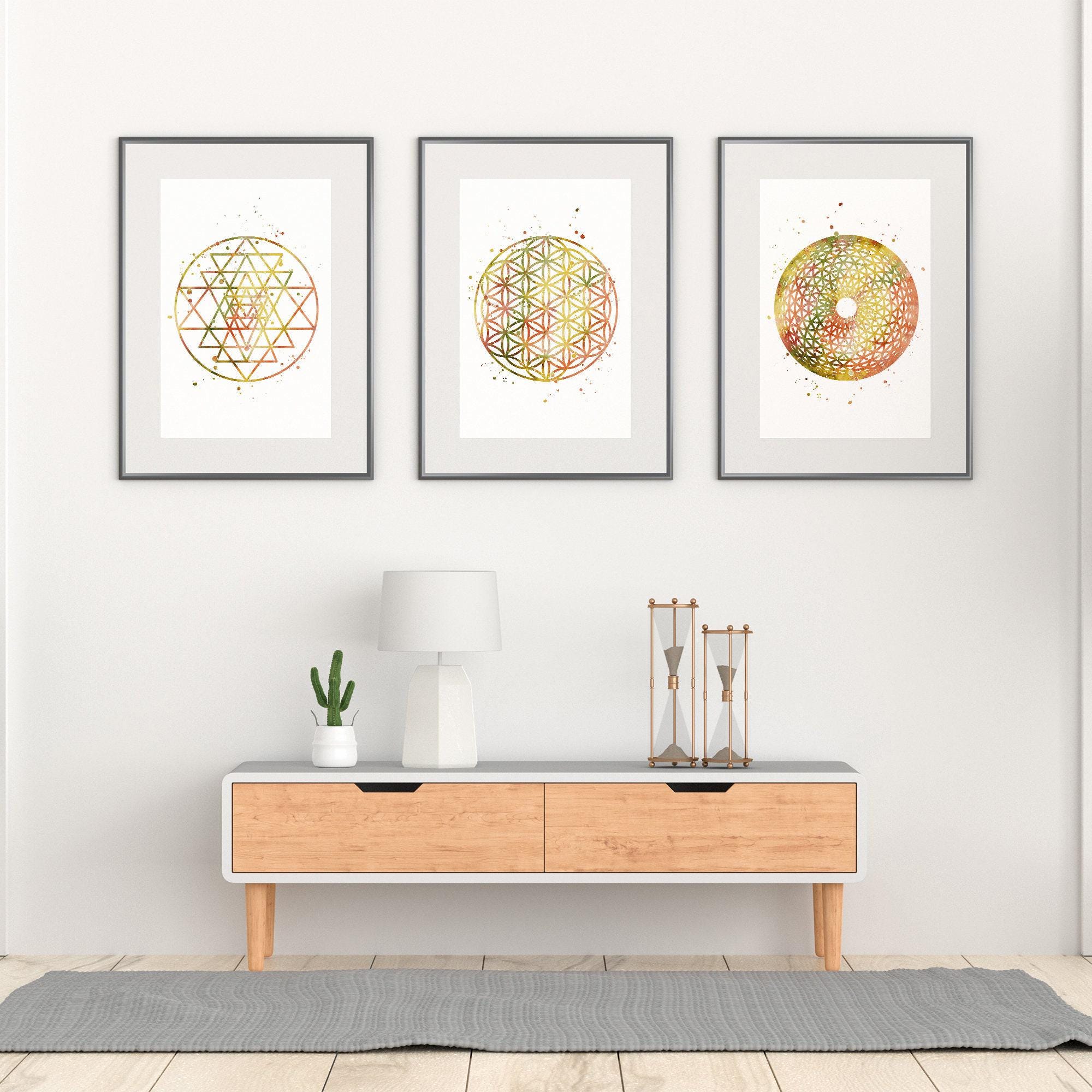 Sacred Geometry Art Set of 3 Watercolor Prints | Sri Yantra, Flower of ...