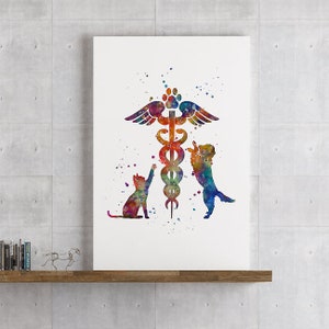 May include: A watercolor painting of a veterinary symbol with a cat and dog reaching up towards it. The symbol is a caduceus with wings and a paw print at the top. The background is white with colorful watercolor splatters.