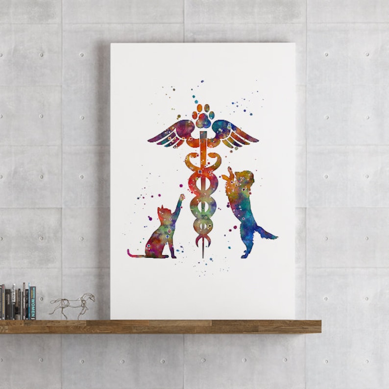 May include: A watercolor painting of a veterinary symbol with a cat and dog reaching up towards it. The symbol is a caduceus with wings and a paw print at the top. The background is white with colorful watercolor splatters.