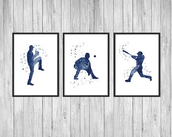 Baseball art print set of 3, Baseball  batter, pitcher and catcher