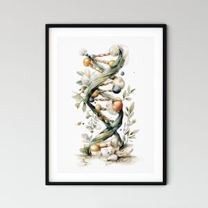 May include: A framed watercolor print of a DNA double helix, intertwined with botanical elements. The artwork features a green and brown helix with orange, beige, and blue spheres, complemented by leaves and flowers. The frame is black.