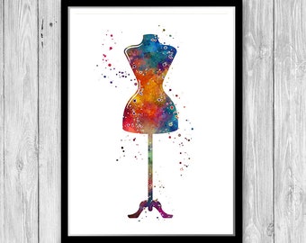 Mannequin Dress Form Fashion Watercolor Print Sewing Room Wall Art Craft Studio Decor Birthday Gifts for Seamstress