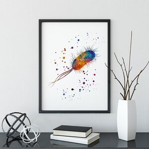 May include: A watercolor painting of a bacteria with a long tail. The bacteria is depicted in shades of orange, yellow, blue, and green. The background is white with scattered dots of color.