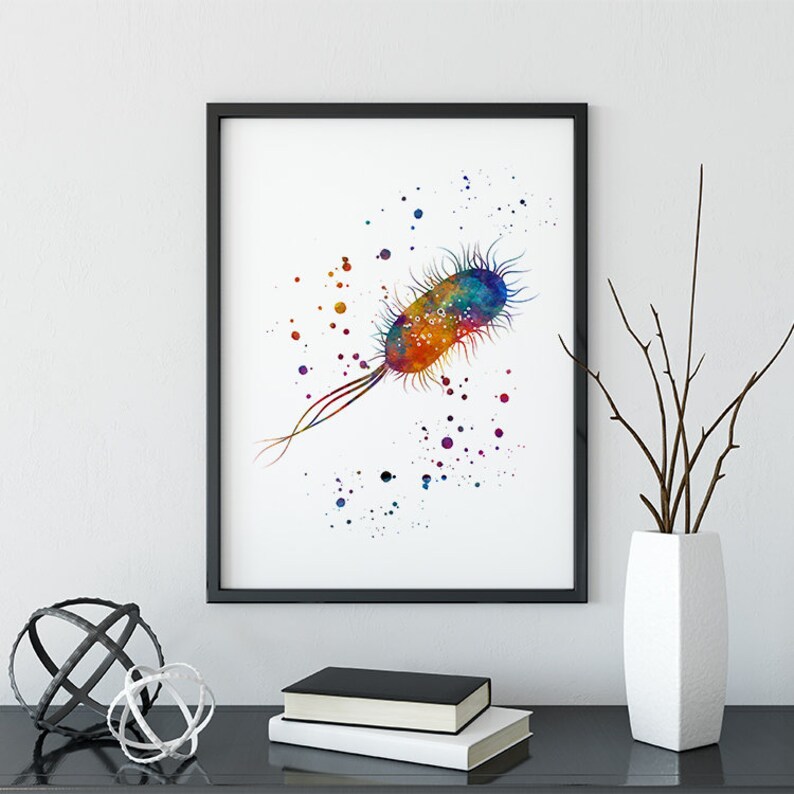 May include: A watercolor painting of a bacteria with a long tail. The bacteria is depicted in shades of orange, yellow, blue, and green. The background is white with scattered dots of color.