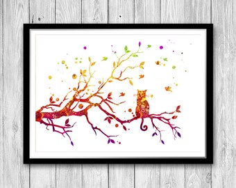 Cat On Tree Print Wall Art, Cat lover Gift, Watercolor Painting Home Decor Wall Art Canvas, Cat Print Nursery, Bedroom Decor Animal Art