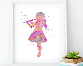 Little Girl Playing Flute Watercolor Print Girls Room Wall Art, Nursery Decor