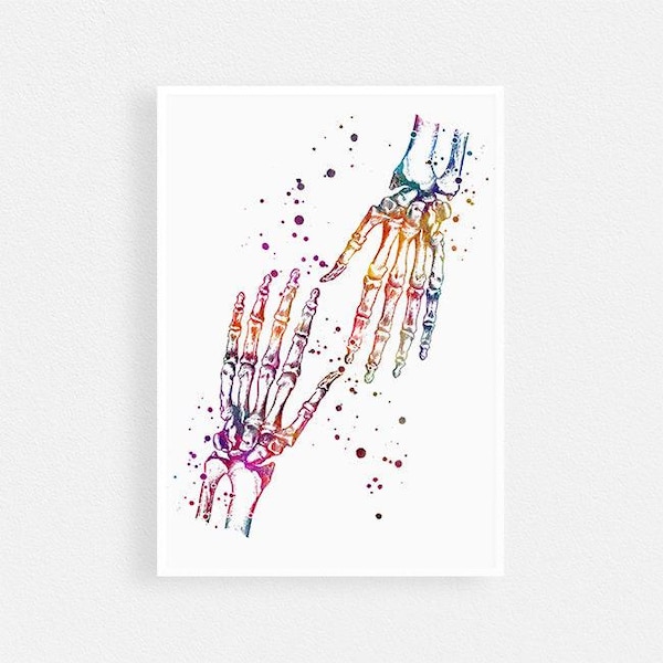 Menselijke palm botten anatomie kunst aquarel print dokterspraktijk decor cadeau voor orthopedisch chirurg