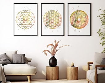 Sacred Geometry Art Set of 3 Watercolor Prints | Sri Yantra, Flower of Life & Torus Yantra Wall Decor | Spiritual Metaphysical Wall Art