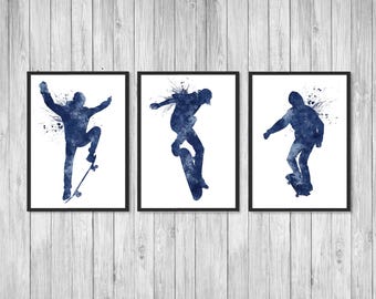 Boy Skater Set of 3 Blue Watercolor Art Prints, Teen Boy Wall Art Set of Prints Skateboarder Gift Art for teen boys room Skateboarder poster