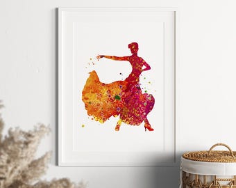 Flamenco Dancer Wall Art, Spanish Dance Watercolor Print, Vibrant Andalusian Woman Painting Poster, Dance Club Decor, Inspirational Interior