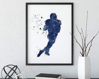 American Football Wall Art Boys Room Decor Blue Watercolor Print Sports Art Poster for Kids Bedroom