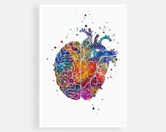 Brain and heart concept Watercolor Print, Logic and emotion, Psychologist office wall decor