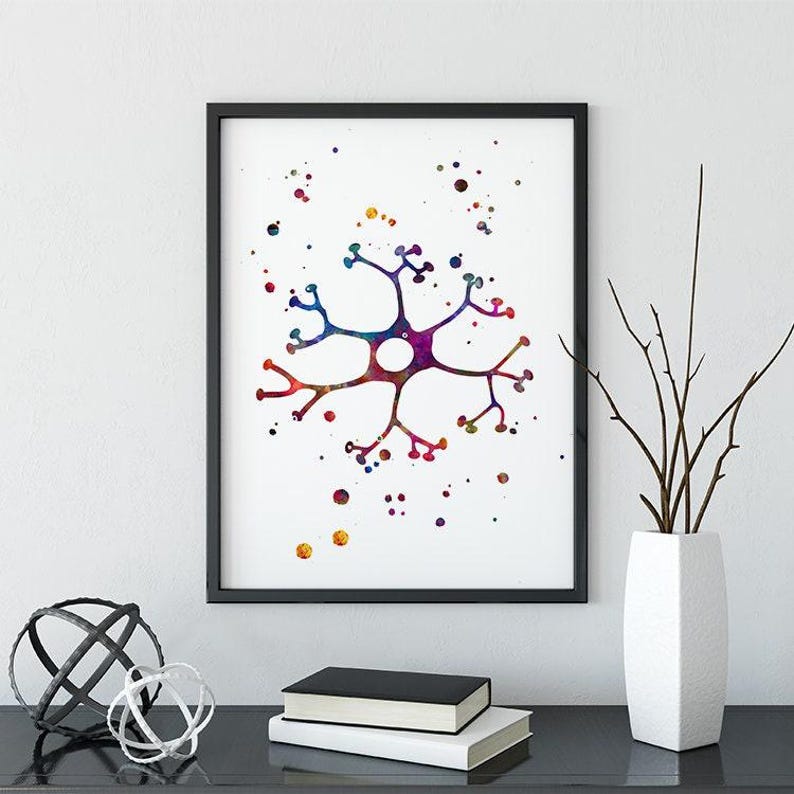 Neur Mural Neuron Art Print, Interneuron Colorful Watercolor Artwork, Neuroscience ...