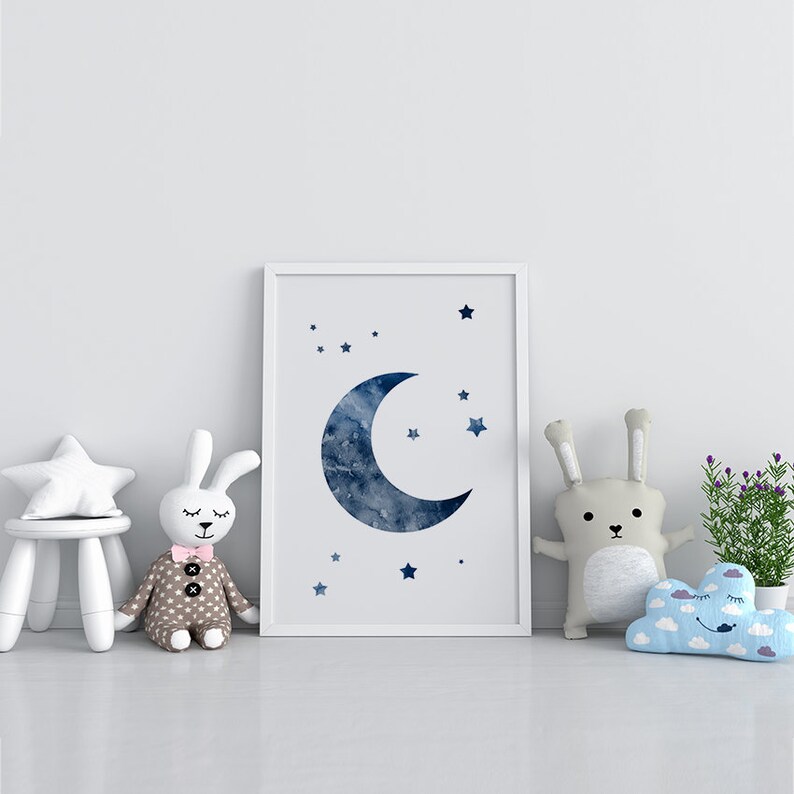 Moon and Stars Nursery Decor Navy Blue Moon Art Print - Etsy