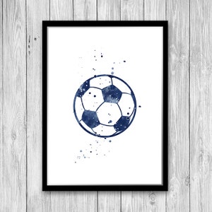 May include: A watercolor painting of a soccer ball in shades of blue. The ball is surrounded by small blue dots.